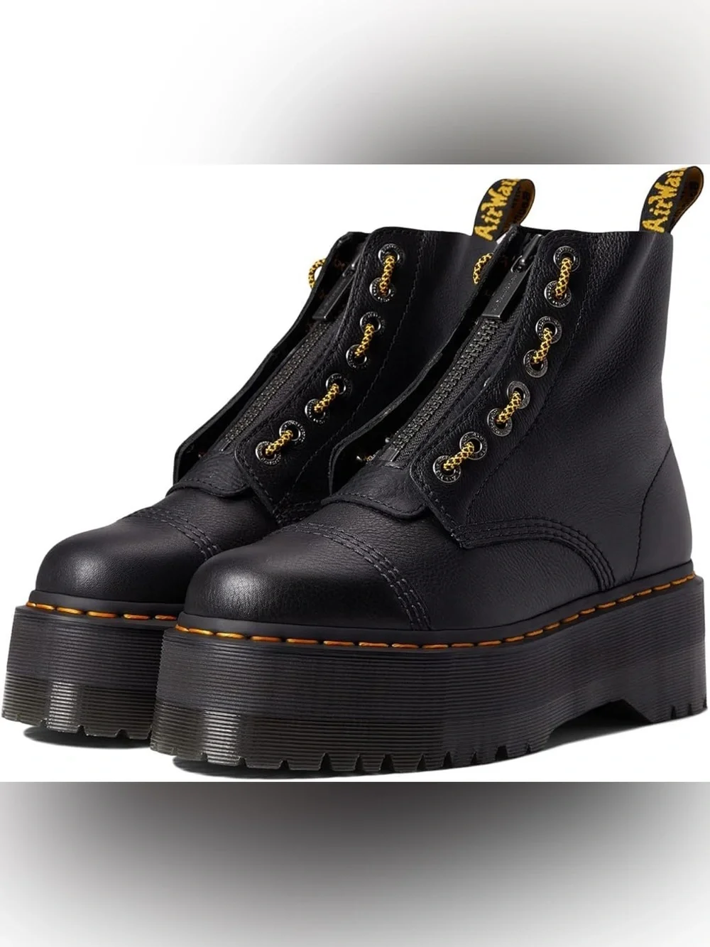 Dr. Martens Sinclair Black Leather Platform Ankle Boots with Yellow Stitching